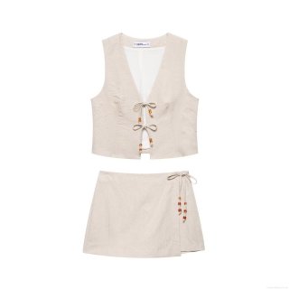 Women's 2-Piece Summer Set Sleeveless V-Neck Lace-Up Vest And Shorts Suit Beaded Linen-Textured Polyester Plain Casual Streetwear Outfit Beige