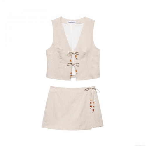 Women's 2-Piece Summer Set Sleeveless V-Neck Lace-Up Vest And Shorts Suit Beaded Linen-Textured Polyester Plain Casual Streetwear Outfit Beige