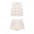 Women's 2 Piece Shorts Set Double Breasted Sleeveless Vest Top And High Waist Pleated Shorts Polyester Woven Summer Casual Elegant Streetwear Outfit