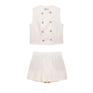 Women's 2 Piece Shorts Set Double Breasted Sleeveless Vest Top And High Waist Pleated Shorts Polyester Woven Summer Casual Elegant Streetwear Outfit