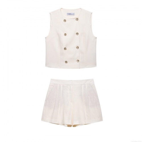 Women's 2 Piece Shorts Set Double Breasted Sleeveless Vest Top And High Waist Pleated Shorts Polyester Woven Summer Casual Elegant Streetwear Outfit