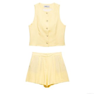 Women's 2 Piece Summer Shorts Set Polyester Cotton Linen Texture Button Down Sleeveless Vest Top And High Waisted Wide Leg Shorts Outfits For Vacation Streetwear