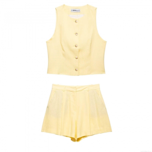 Women's 2 Piece Summer Shorts Set Polyester Cotton Linen Texture Button Down Sleeveless Vest Top And High Waisted Wide Leg Shorts Outfits For Vacation Streetwear