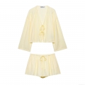 Women's 2-Piece Set Textured Polyester Long Sleeve Tie-Front Jacket And Drawstring Shorts Casual Street Style Summer Outfit Loungewear Pale Yellow
