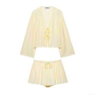 Women's 2-Piece Set Textured Polyester Long Sleeve Tie-Front Jacket And Drawstring Shorts Casual Street Style Summer Outfit Loungewear Pale Yellow