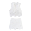 Women's Two Piece Set White Hollow Out Embroidery Vest And Skort Set Cotton Blend Sleeveless Button Down Crop Top A-Line Mini Skirt Shorts Set For Summer Vacation Streetwear