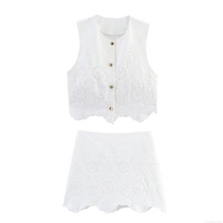 Women's Two Piece Set White Hollow Out Embroidery Vest And Skort Set Cotton Blend Sleeveless Button Down Crop Top A-Line Mini Skirt Shorts Set For Summer Vacation Streetwear