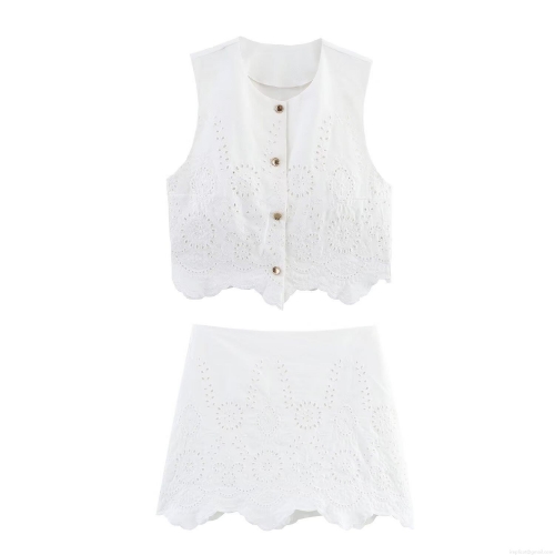 Women's Two Piece Set White Hollow Out Embroidery Vest And Skort Set Cotton Blend Sleeveless Button Down Crop Top A-Line Mini Skirt Shorts Set For Summer Vacation Streetwear