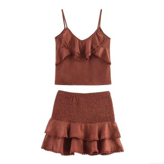 Women's Sexy Two Piece Set Ruffle V-Neck Cami Top and Smocked Skort Solid Color 100% Polyester Summer Vacation Outfits Streetwear for Women