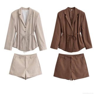 Women's 2 Piece Blazer Shorts Set 100% Polyester Notched Lapel Striped Solid Color Long Sleeve Blazer With Belt High Waist Shorts Suit For Office Streetwear Casual Summer Elegant Lady Outfit