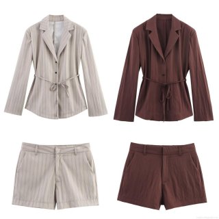 Women's 2-Piece Business Casual Suit Set With Long Sleeve Belted Blazer And Matching Striped Shorts Summer Office Lady Streetwear Outfit