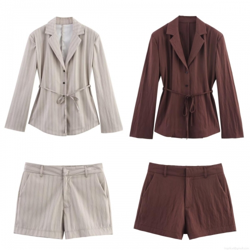 Women's 2-Piece Business Casual Suit Set With Long Sleeve Belted Blazer And Matching Striped Shorts Summer Office Lady Streetwear Outfit