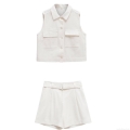 Women's Summer 2 Piece Outfits Sleeveless Lapel Button Up Vest Top And High Waist Belted Shorts Set Casual Solid Color Polyester Streetwear Ensemble