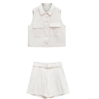 Women's Summer 2 Piece Outfits Sleeveless Lapel Button Up Vest Top And High Waist Belted Shorts Set Casual Solid Color Polyester Streetwear Ensemble