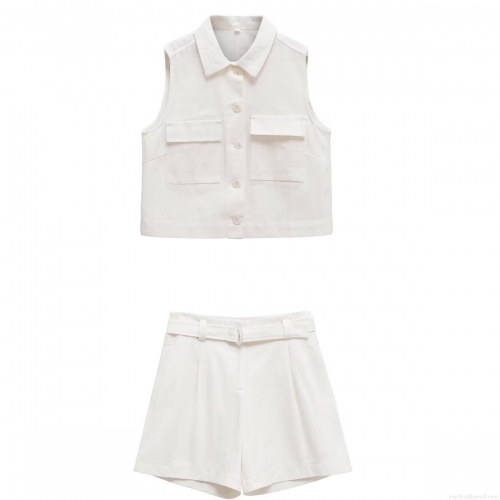 Women's Summer 2 Piece Outfits Sleeveless Lapel Button Up Vest Top And High Waist Belted Shorts Set Casual Solid Color Polyester Streetwear Ensemble