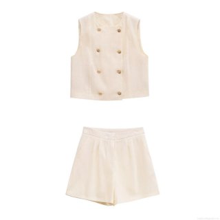 Women's 2 Piece Shorts Sets Casual Sleeveless Double Breasted Vest And High Waist Loose Shorts Summer Linen Like Polyester Outfit Cream White Streetwear