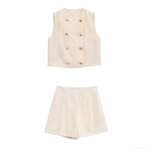 Women's 2 Piece Shorts Sets Casual Sleeveless Double Breasted Vest And High Waist Loose Shorts Summer Linen Like Polyester Outfit Cream White Streetwear