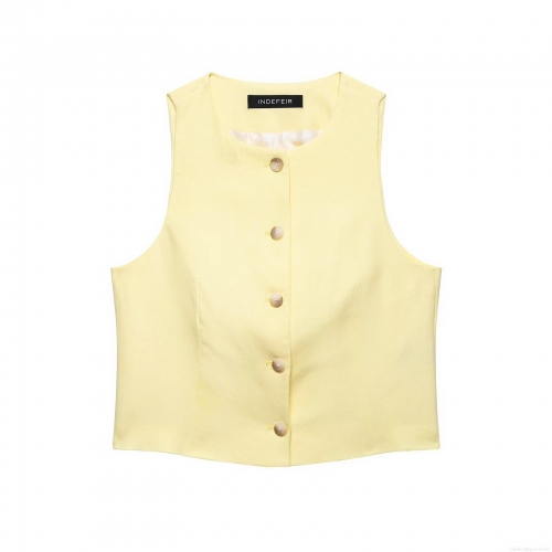 Women's 2025 Summer Western Style Sleeveless Single Breasted Vest and High Waist Shorts Two Piece Set Polyester Blended Yellow Outfits Streetwear Co-ords For Women