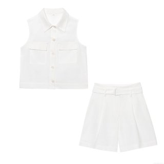 Women's 2 Piece Summer Set Sleeveless Vest Top And High Waist Belted Shorts Solid Color Casual Streetwear Outfit For Ladies White Polyester Suit Set