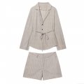 Women's 2 Piece Stripe Blazer Shorts Set Long Sleeve Button Up Tie Front Jacket and Pockets Shorts Outfit Streetwear Casual Summer Suit Outfit