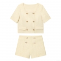 Women Classic Tweed Short Sleeve Jacket and High Waist Shorts Set Double Breasted Gold Button Square Neck Light Yellow Two Piece Outfits Polyester Summer Streetwear For Lady