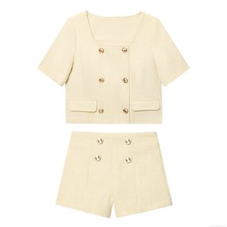 Women Classic Tweed Short Sleeve Jacket and High Waist Shorts Set Double Breasted Gold Button Square Neck Light Yellow Two Piece Outfits Polyester Summer Streetwear For Lady