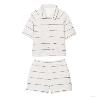 Women's Elegant Tweed Striped Shorts Set Two Piece Outfit Short Sleeve Turn-Down Collar Jacket and High Waist Shorts for Summer Casual Streetwear