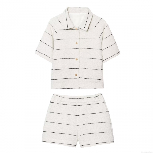 Women's Elegant Tweed Striped Shorts Set Two Piece Outfit Short Sleeve Turn-Down Collar Jacket and High Waist Shorts for Summer Casual Streetwear