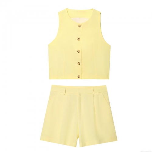 Women's 2 Piece Summer Casual Outfit Set Sleeveless Single Breasted Round Neck Vest And High Waisted Shorts Solid Color Woven Streetwear Suit Light Yellow