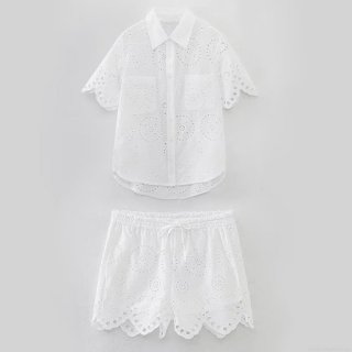 Women's Summer 2 Piece Set 100% Cotton Hollow Out Embroidery Short Sleeve Button Down Shirt And Drawstring Shorts Casual Street Style White Outfit