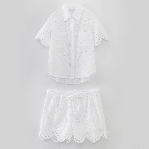 Women's Summer 2 Piece Set 100% Cotton Hollow Out Embroidery Short Sleeve Button Down Shirt And Drawstring Shorts Casual Street Style White Outfit