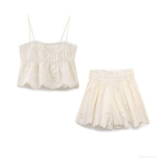 Women Summer Two Piece Set Cotton Blend Camisole Top And Embroidered Shorts With Lace Eyelet Details Off White Boho Casual Beach Wear
