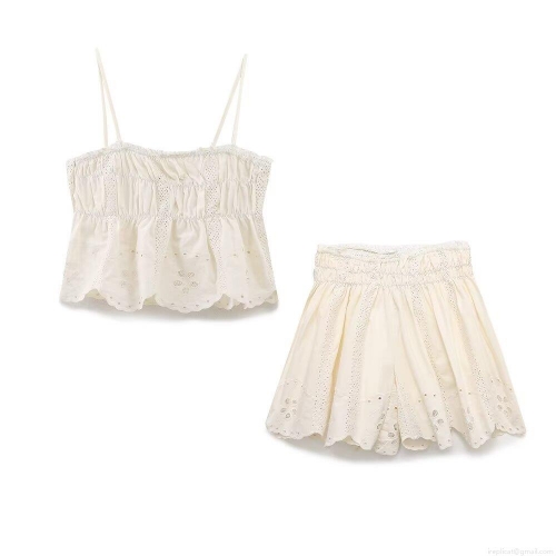 Women Summer Two Piece Set Cotton Blend Camisole Top And Embroidered Shorts With Lace Eyelet Details Off White Boho Casual Beach Wear
