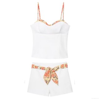 Women's Summer European Style White Floral Print Camisole and Shorts Set Sleeveless Two Piece Casual Streetwear Outfit with Tie Belt