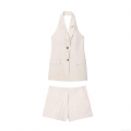 Women's 2 Piece Summer Outfit Halter Neck Backless Waistcoat Vest And High Waist Shorts Linen Cotton Blend Casual Streetwear Suit Beige