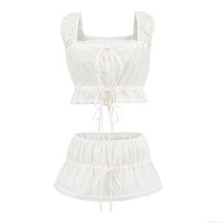 Women Summer Two Piece Set Ruffle Trim Bow Tie Crop Top And Elastic Waist Shorts Culottes White Solid Color Sexy Beach Vacation Outfits
