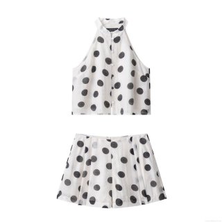 Women's Summer 2 Piece Outfits Polka Dot Halter Neck Sleeveless Button Down Top And High Waist Shorts Set Casual Streetwear Clothing