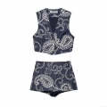 Women's Two-Piece Set Paisley Embroidery Polyester Denim Texture Sleeveless V-Neck Crop Vest Top and High Waist Skort Shorts Co-ords for Summer Streetwear Vacation