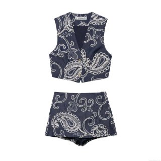 Women's Two-Piece Set Paisley Embroidery Polyester Denim Texture Sleeveless V-Neck Crop Vest Top and High Waist Skort Shorts Co-ords for Summer Streetwear Vacation