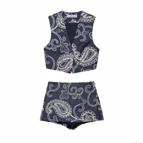 Women's Two-Piece Set Paisley Embroidery Polyester Denim Texture Sleeveless V-Neck Crop Vest Top and High Waist Skort Shorts Co-ords for Summer Streetwear Vacation