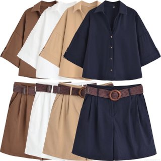 Women's Casual 2 Piece Outfits Short Sleeve Button Down Shirt And High Waisted Shorts Set With Woven Belt Solid Color Polyester Summer Beach Streetwear Two Piece Shorts Set