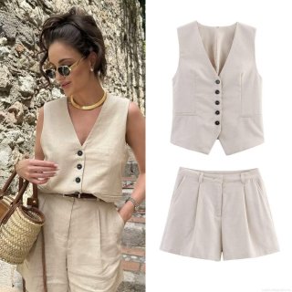 Women's Summer Casual Two Piece Outfits Linen Look Polyester V Neck Single Breasted Vest And High Waist Wide Leg Shorts Set Solid Color Sleeveless Top Suits