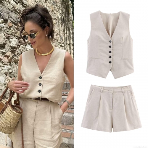 Women's Summer Casual Two Piece Outfits Linen Look Polyester V Neck Single Breasted Vest And High Waist Wide Leg Shorts Set Solid Color Sleeveless Top Suits