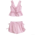 Women Summer 2-Piece Outfit Pink White Stripe V-Neck Cami Top With Bow Ruffle Hem And Matching Drawstring Shorts Set Casual Vacation Beach Streetwear