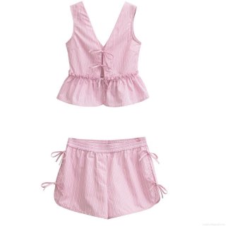 Women Summer 2-Piece Outfit Pink White Stripe V-Neck Cami Top With Bow Ruffle Hem And Matching Drawstring Shorts Set Casual Vacation Beach Streetwear