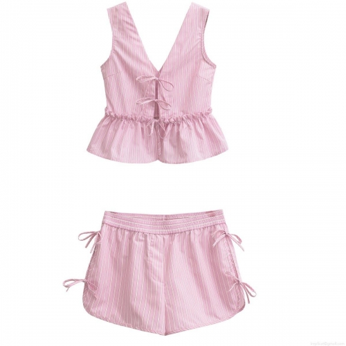 Women Summer 2-Piece Outfit Pink White Stripe V-Neck Cami Top With Bow Ruffle Hem And Matching Drawstring Shorts Set Casual Vacation Beach Streetwear