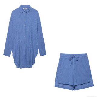Women Striped Two Piece Set Long Sleeve Button Down Oversized Shirt and Drawstring Shorts Summer Casual Outfits Lounge Streetwear