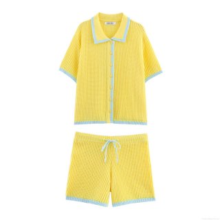 Summer Women's 2 Piece Knit Set Contrast Trim Short Sleeve Polo Shirt And Elastic Waist Shorts Set Casual Streetwear Outfits Polyester Knit