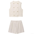 Women's Summer Two Piece Set Double Breasted Sleeveless Waistcoat And High Waisted Shorts Polyester Blend Linen Texture Casual Streetwear Outfits For Women