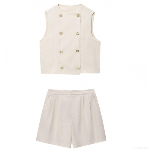 Women's Summer Two Piece Set Double Breasted Sleeveless Waistcoat And High Waisted Shorts Polyester Blend Linen Texture Casual Streetwear Outfits For Women